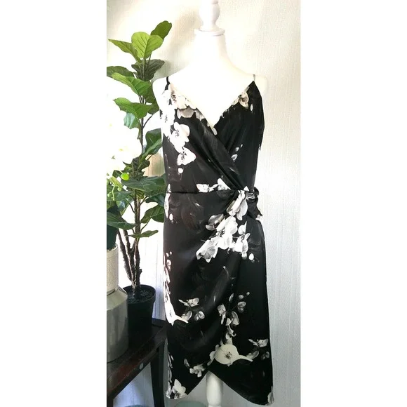 NWT Worthington XXL Black & White Floral Satin Spaghetti Strap Midi Dress - Picture 1 of 13